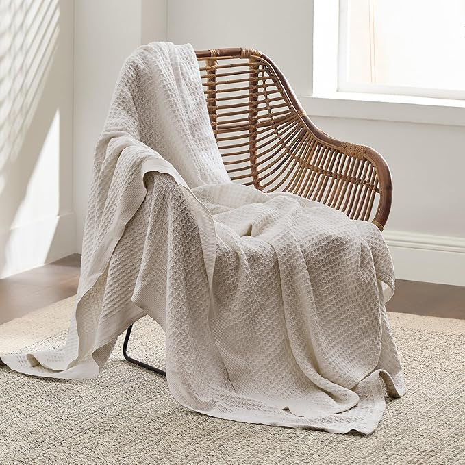 Bedsure 100% Cotton Blanket Twin XL Size for Bed - Breathable and Soft, Waffle Weave Blanket for Summer Spring, Light Beige, 66x90 inches