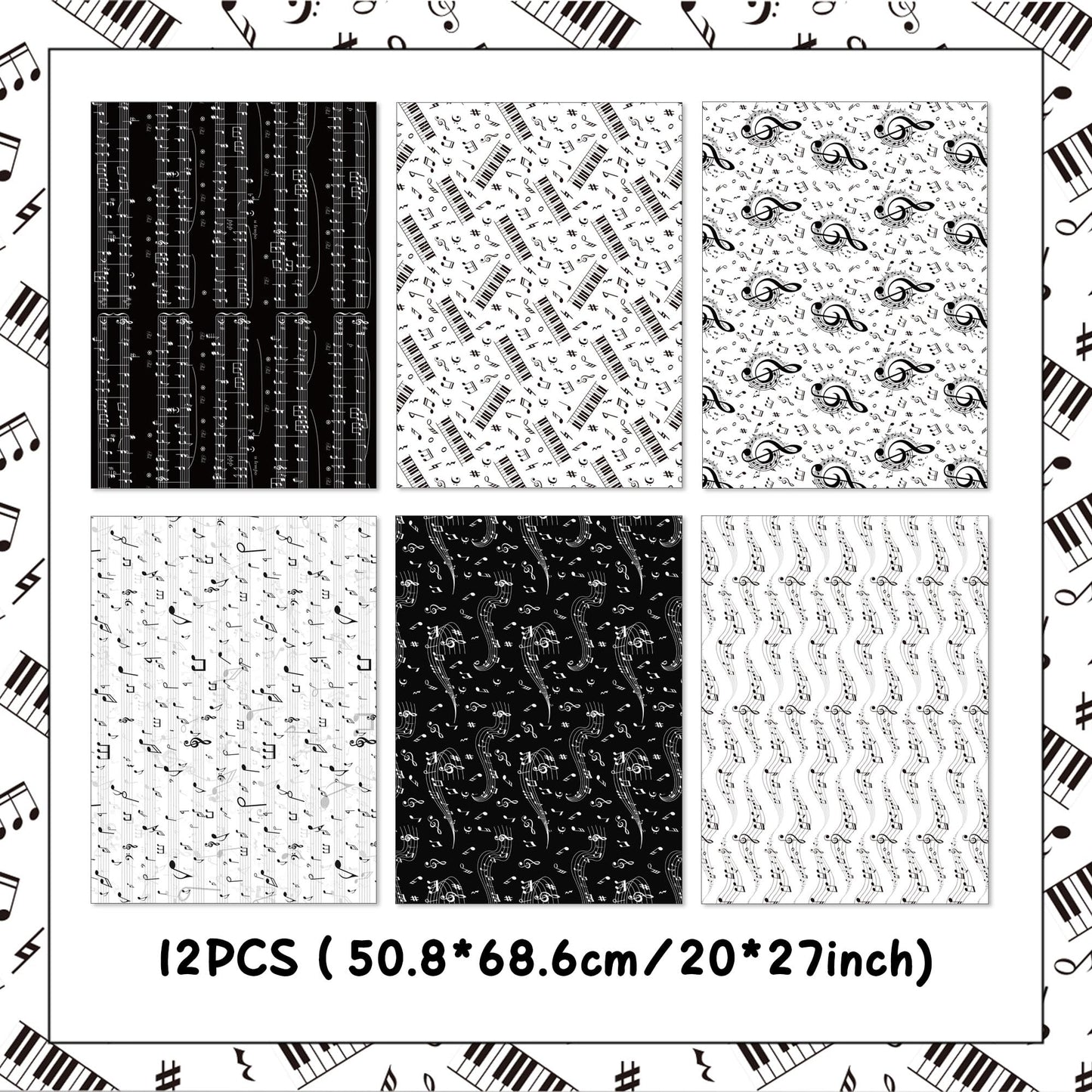 12 Sheets Music Notes Wrapping Paper Black White Pattern Gift Wrap Paper Music Themed Birthday Wrapping DIY Crafts Papers Party Favors Supplies