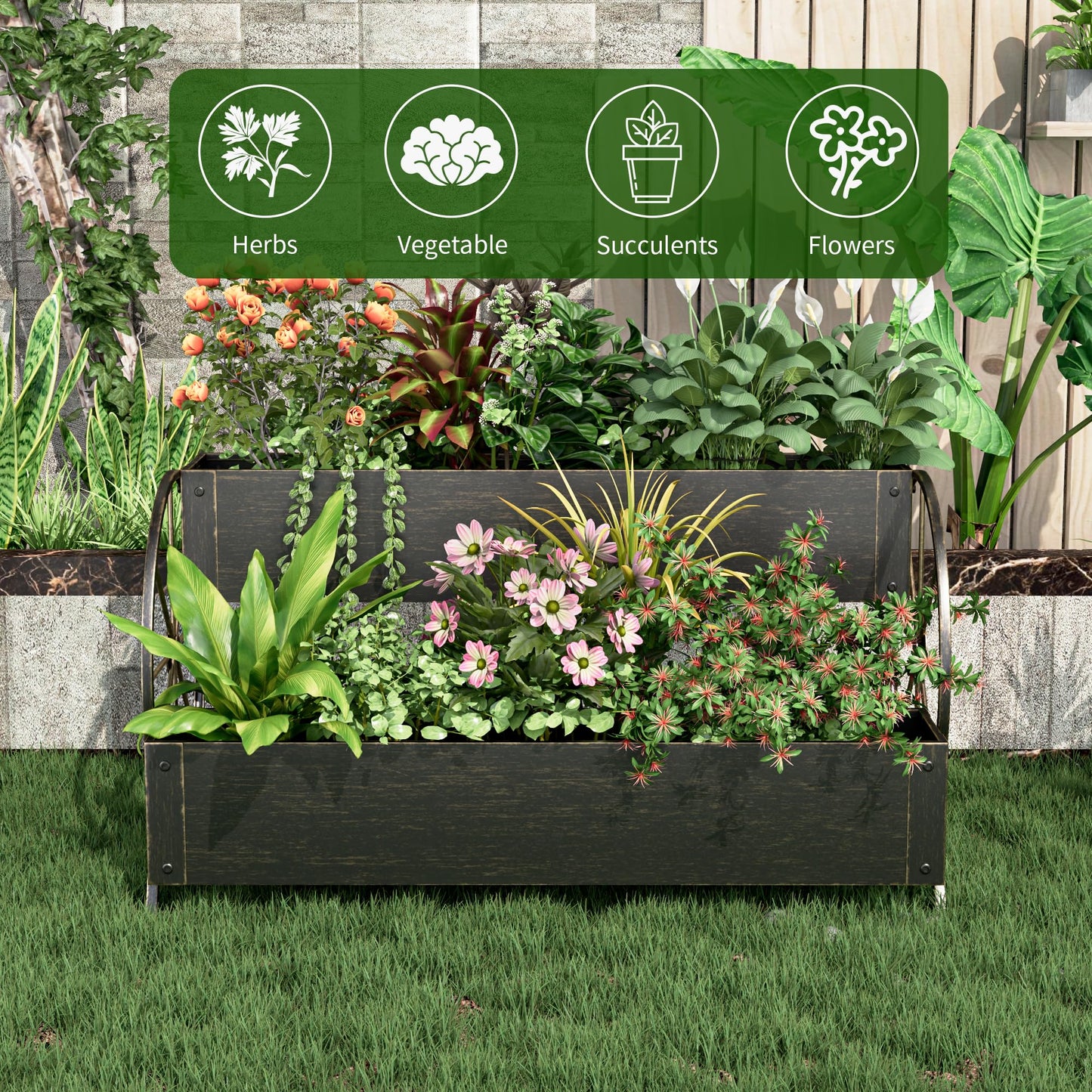 Athuiline Metal Wagon Planter Box, 2-Tier Outdoor Planter Raised Garden Beds with Wheels, Decorative Planter Boxes for Flowers Herbs Vegetables, Small Flower Cart for Patio, Balcony (Retro Gold)