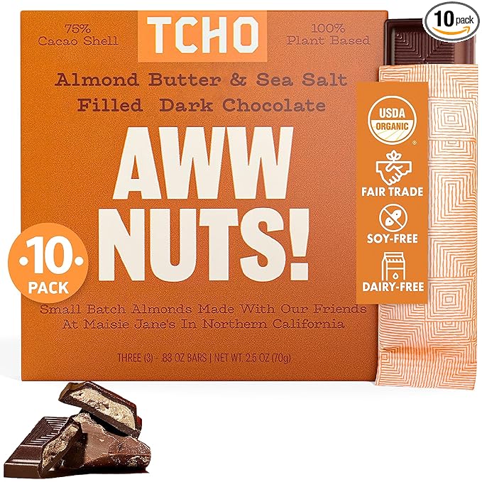 TCHO Aww Nuts! 75% Dark Chocolate Bars (10 pack) | Plant Based, Organic & Fair Trade, | Non GMO, Non-Dairy, Vegan Chocolate, Soy Free (2.5oz each)
