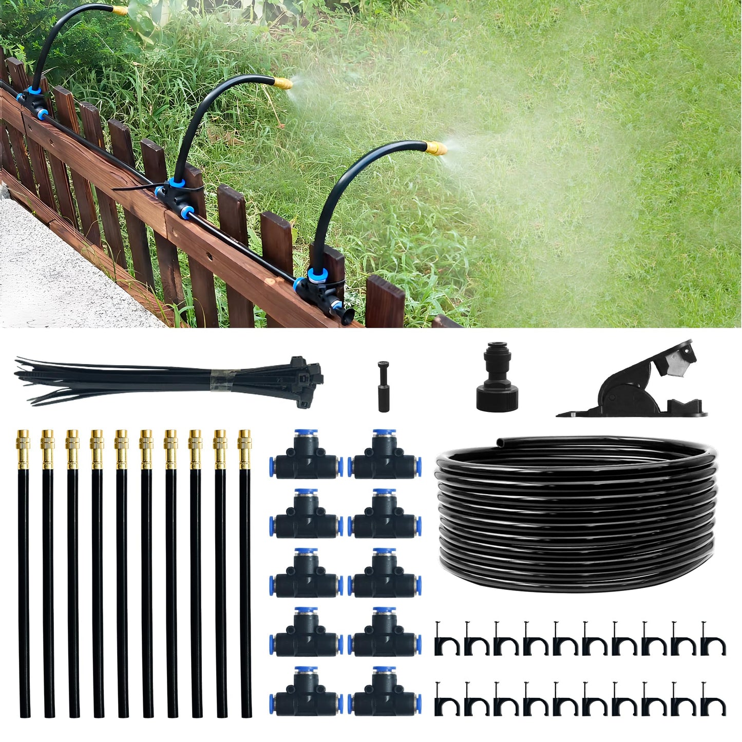 Quibbay 360° Adjustable Drip Irrigation System Kit, 32.8FT Automatic Garden Watering System with 10 Copper Nozzles, Atomizing Misting Watering System with 360° Bending Dropper for Plant Lawn Patio