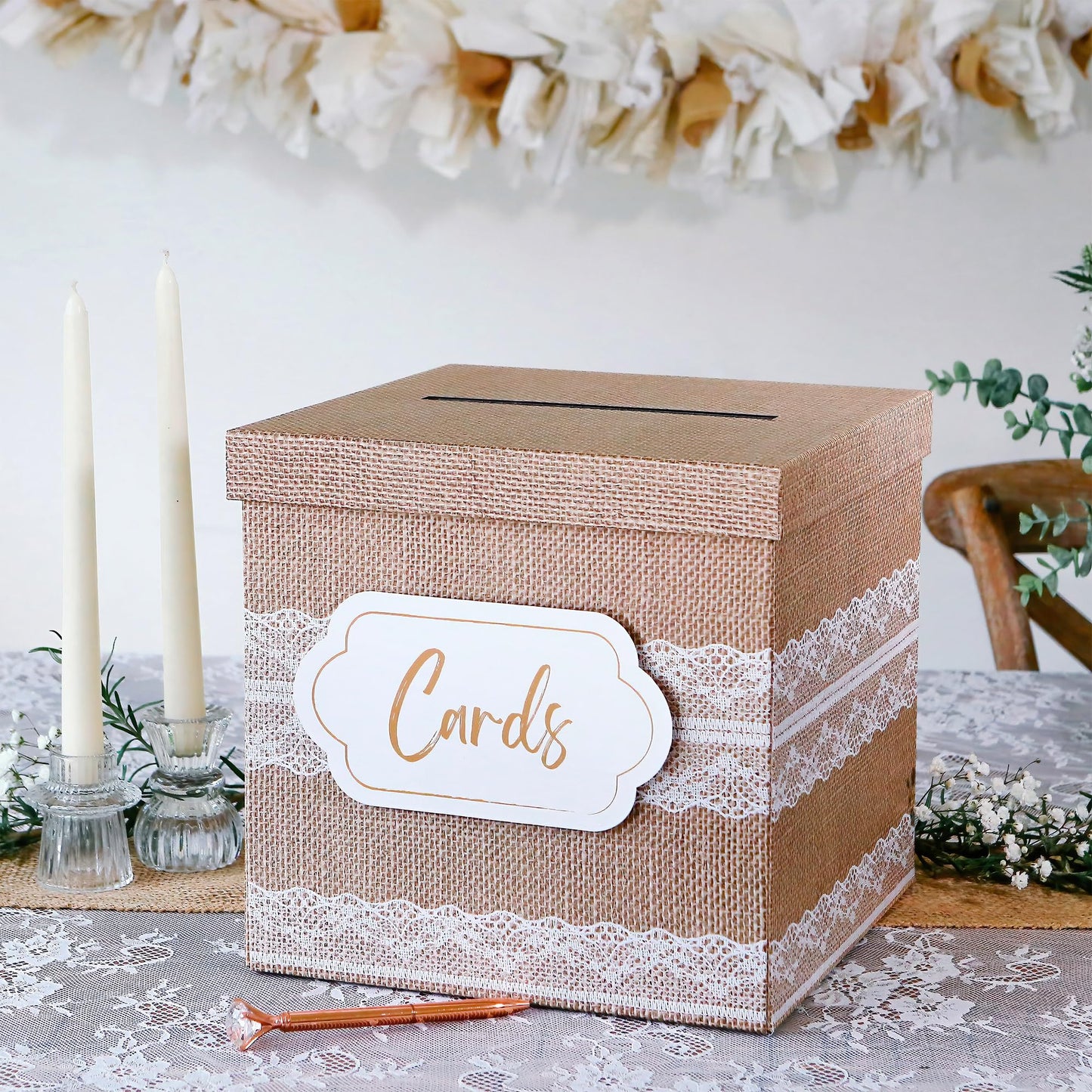 Kate Aspen Rustic Burlap & Lace Gift/Wedding Card Box, Money Box, Farmhouse Wedding Decorations For Reception - Also Perfect for Boho Baby Showers, Birthdays, Graduation