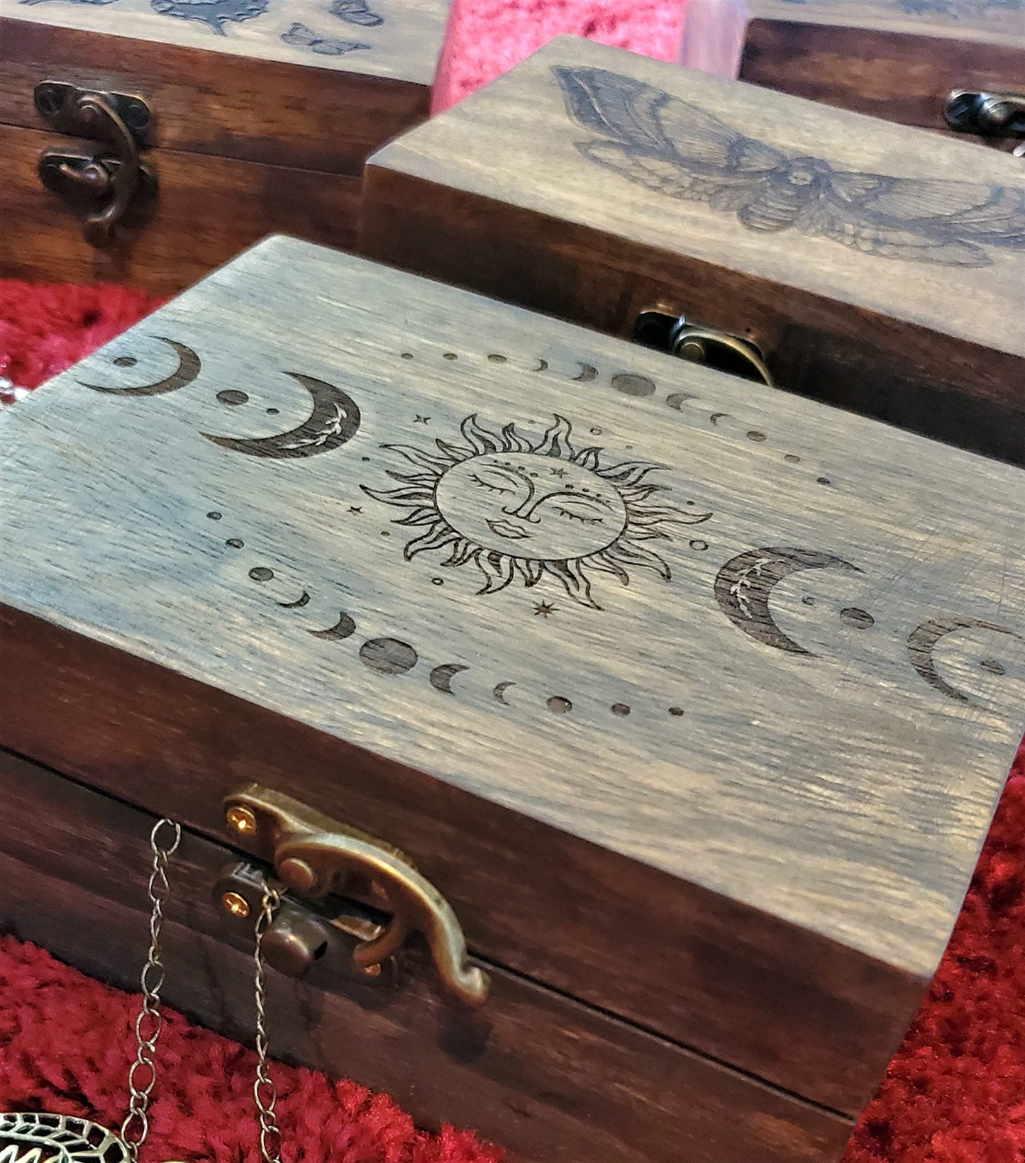 Engraved Wooden Tarot Box for Cards Crystal Holder | Sun and Moon Fortune Telling Astrology Trinket Keepsake Box. Fengshui Luck Talisman Decorative Gift Case/Holder