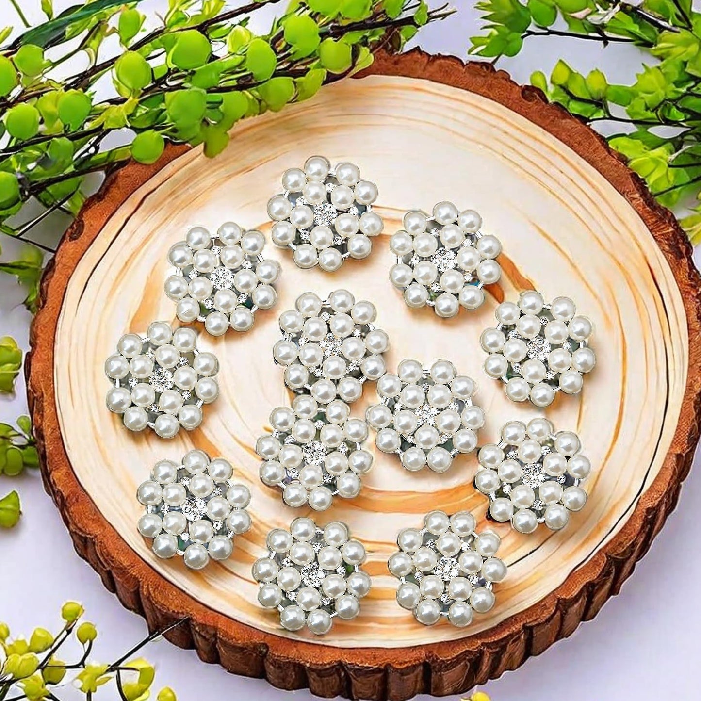 24 pcs Pearl Buttons Rhinestone Crystal Silver Flatback Beads Brooches Elegant Embellishment Accessory DIY Craft for Wedding Party Bags Shoes Dress Home Decoration 24mm (Silver)