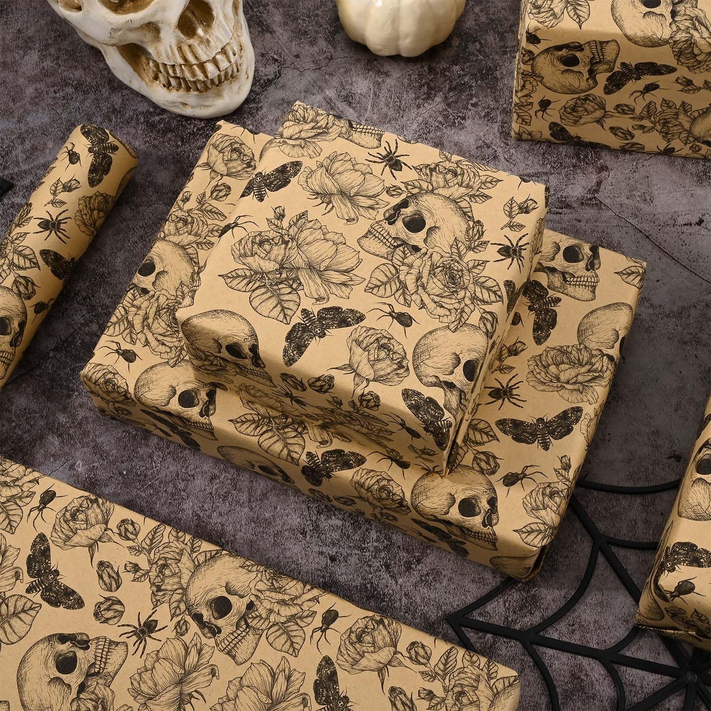 Bolsome Kraft Skull Wrapping Paper Goth Rose Skull Patterned Gift Wrap Paper Roll for Halloween Party Baby Shower Birthday Party Packaging Supplies, 17 Inches × 33Ft