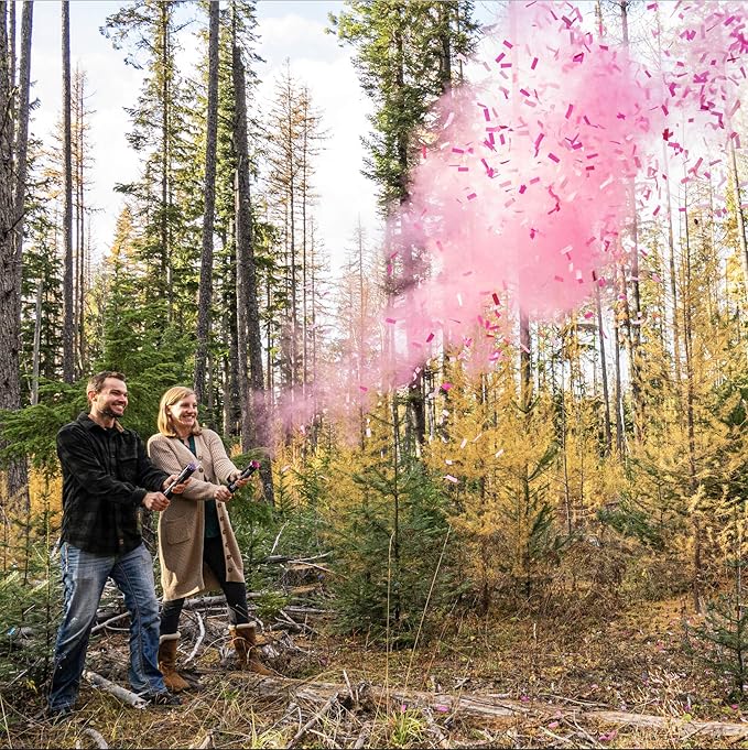 Gender Reveal Confetti Cannon 4 Pink Powder Smoke with 100% Non-Toxic, Food-Grade Corn Starch - Safe and Easy Compressed Air Party Popper - Bright Explosion for Photo Effect