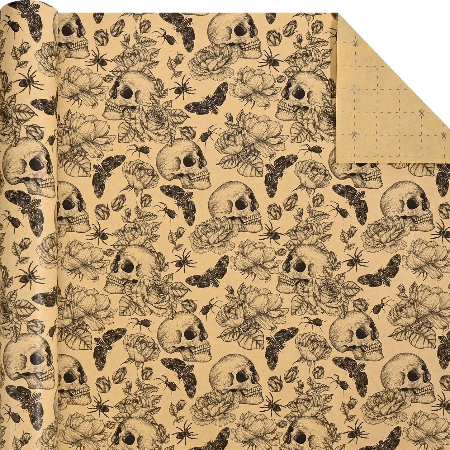Bolsome Kraft Skull Wrapping Paper Goth Rose Skull Patterned Gift Wrap Paper Roll for Halloween Party Baby Shower Birthday Party Packaging Supplies, 17 Inches × 33Ft