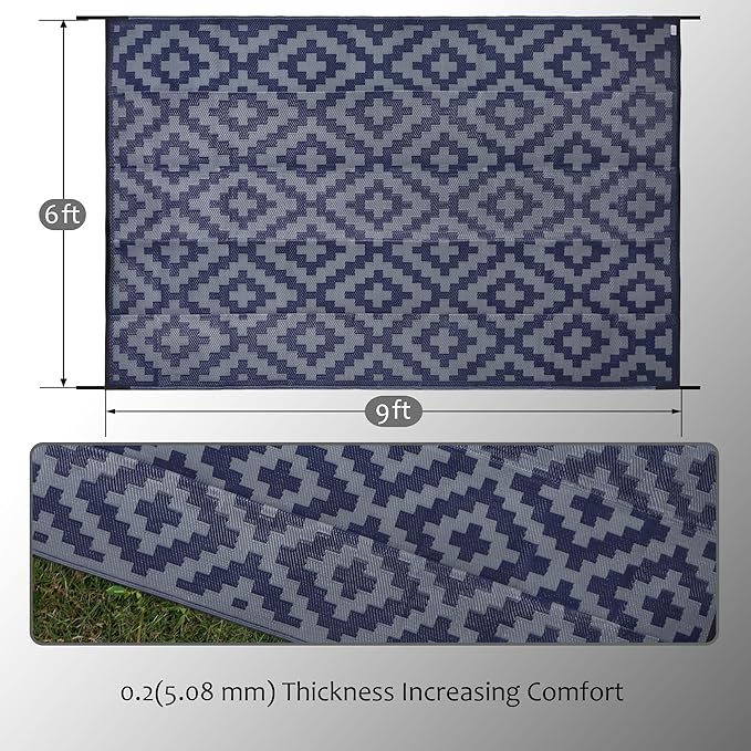 SAND MINE Reversible Mats, Plastic Straw Rug, Modern Area Rug, Large Floor Mat and Rug for Outdoors, RV, Patio, Backyard, Deck, Picnic, Beach, Trailer, Camping (6' x 9', Blue Grey Lattice)