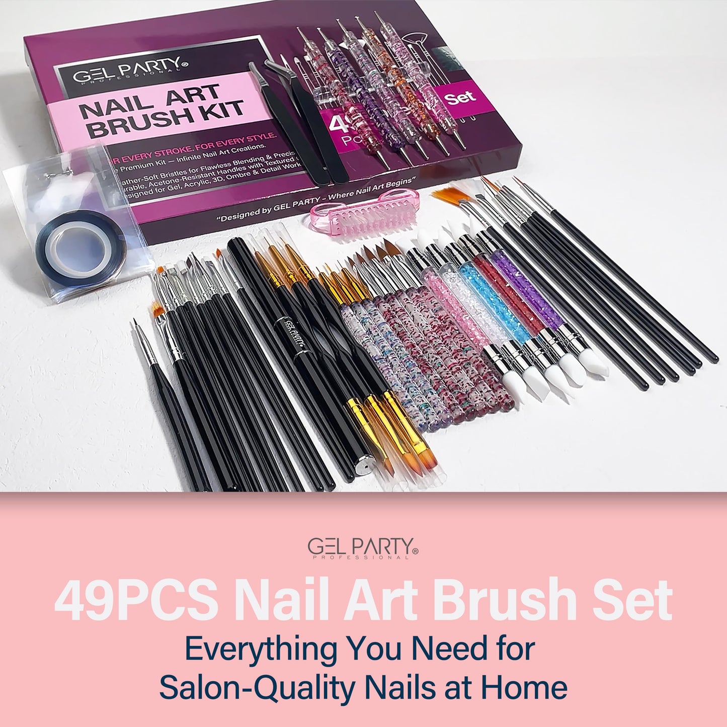 GELPARTY 49 PCS Nail Art Brush Set with Dotting Tools, Liner Brushes, Silicone Sculpting Tools & Tweezers – Professional Nail Design Kit for Acrylic, Poly Gel, Builder, DIY & Salon Use
