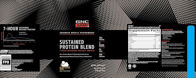 GNC AMP Sustained Protein Blend | Targeted Muscle Building and Exercise Formula | 4 Protein Sources with Rapid & Sustained Release | Gluten Free | Peanut Butter Puffs | 28 Servings