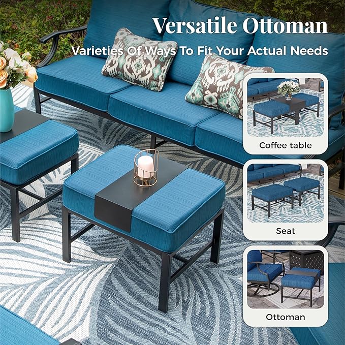 Patio Furniture Set 5 pcs, Outdoor Patio Furniture, 3-Seat Sofa, 2 Rocking Chairs, 2 Ottomans and 5.75" Extra Thick Cushion, Conversation Set for Backyard Deck,Gemstone Blue