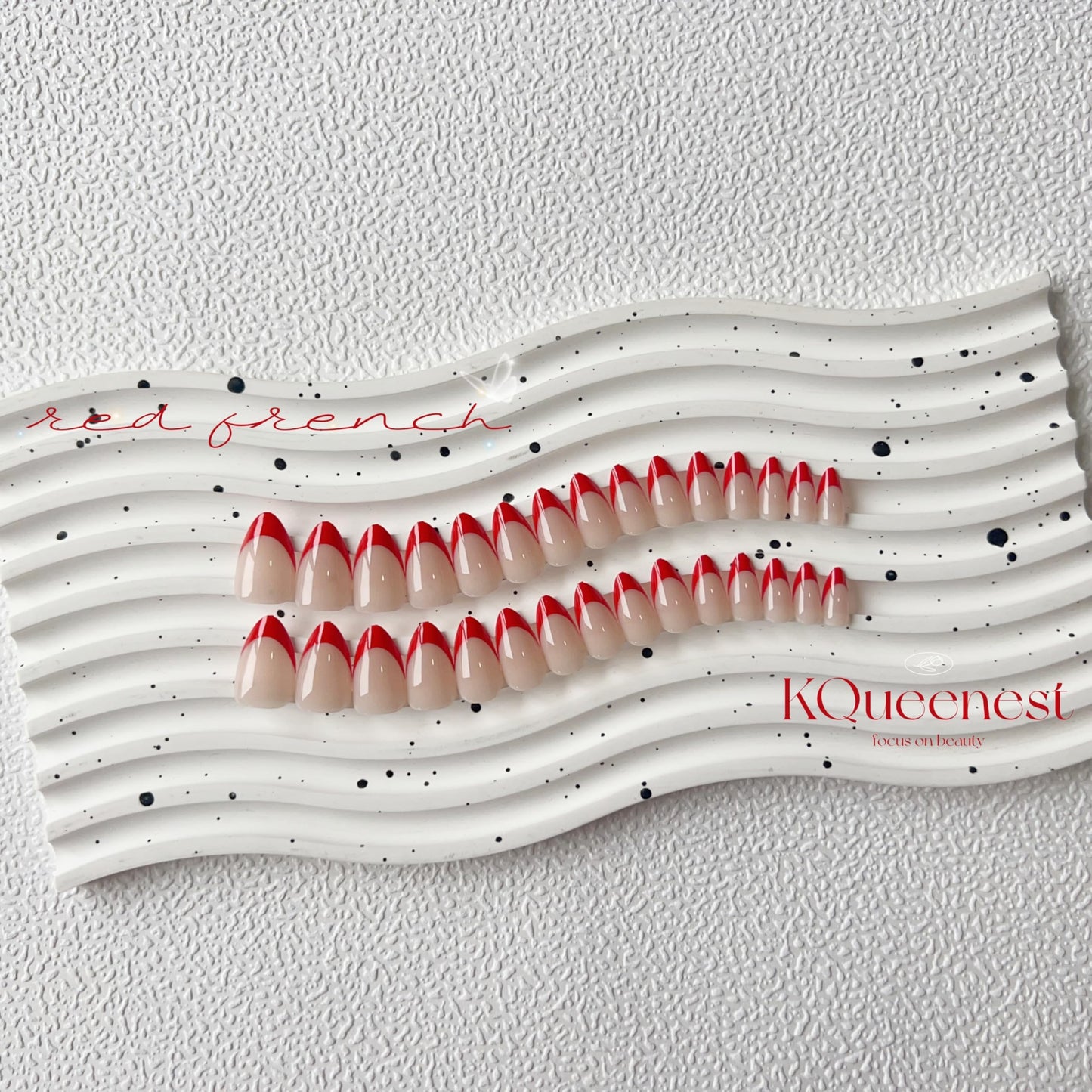 KQueenest Red Press on Nails Short Oval&Red French Press on Nails Medium Almond For Beach Party Daily Decoration in 54 PCS