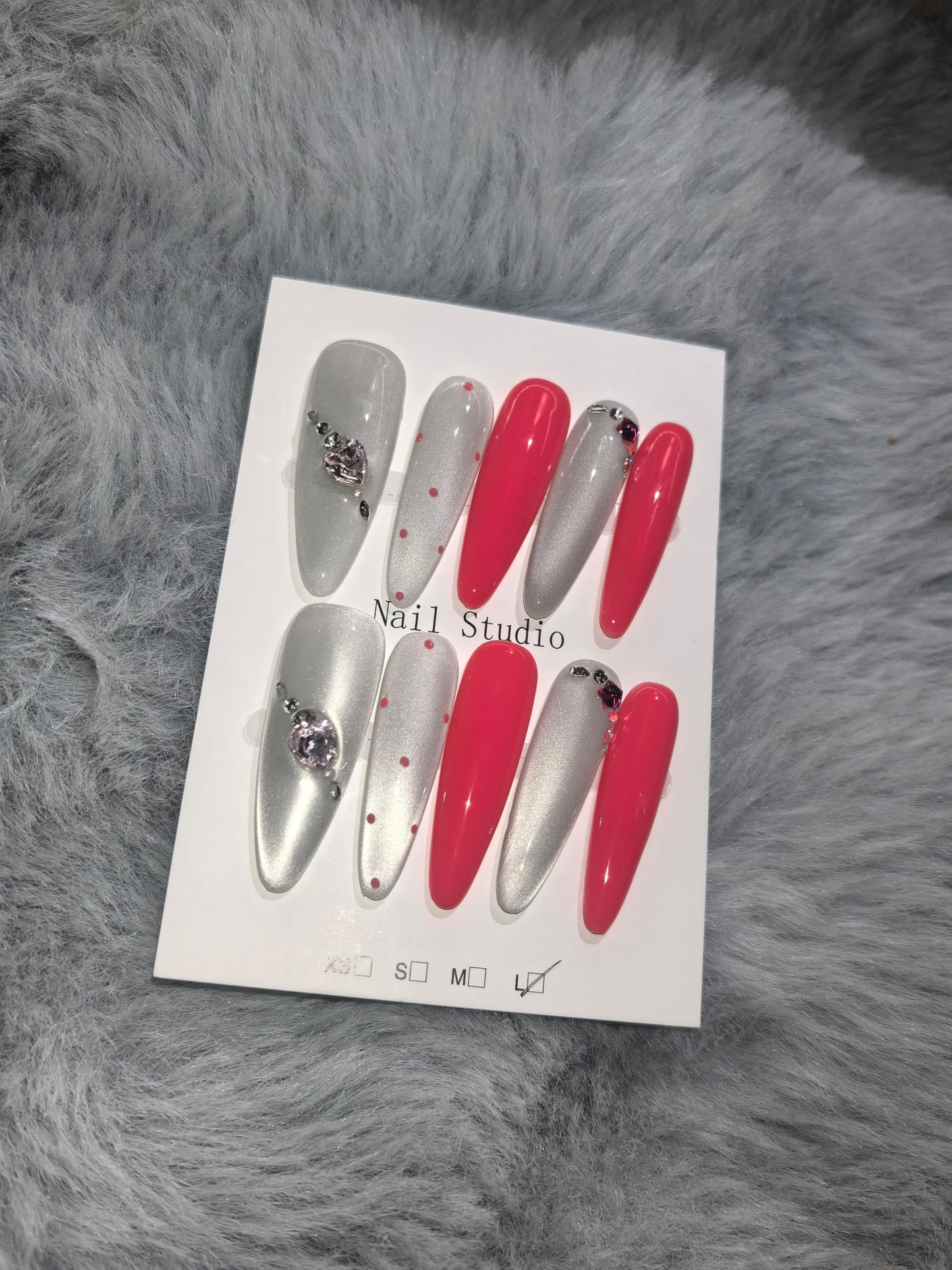 Glam Silver Coral Press On Nails, Heart Rhinestone Embellished Extra Long Stiletto Fake Nails, Reusable Manicure Set (L)