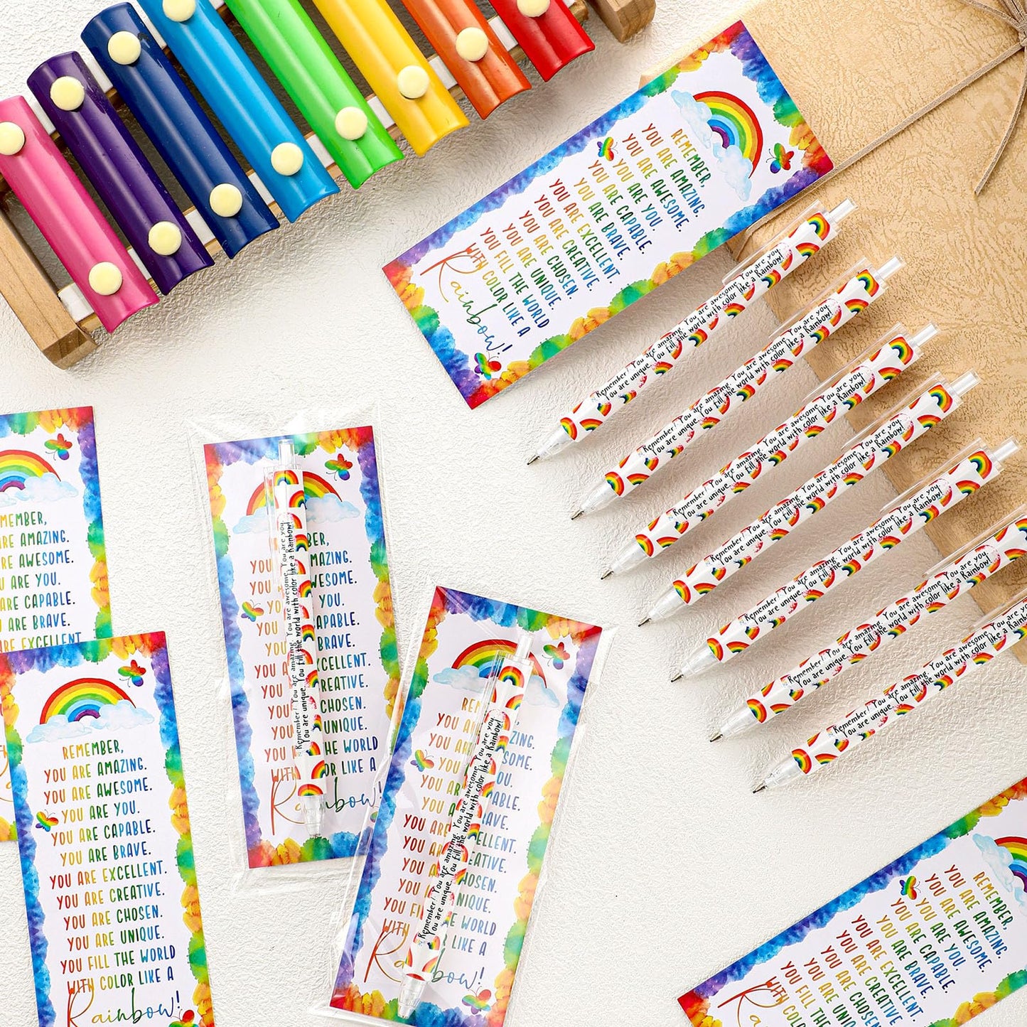 AmazingSpark 50 Set Inspirational 0.7 mm Rainbow Retractable Pencil Gifts for Students from Teacher Encouragement Affirmation Bookmark Cards Opp Bag Valentines Classroom Prize Awards for School