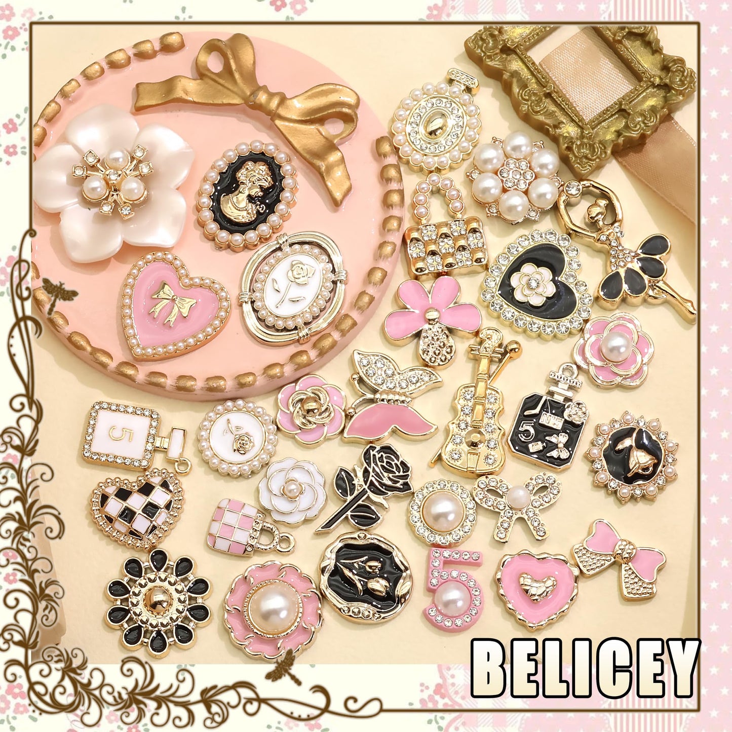 BELICEY Junk Case Charms Kit Gold Pink Flower Big Charm for Junk Cases 3D Vintage Bow Heart Rose Phone Case Charms Flatback Butterfly for DIY Personalization