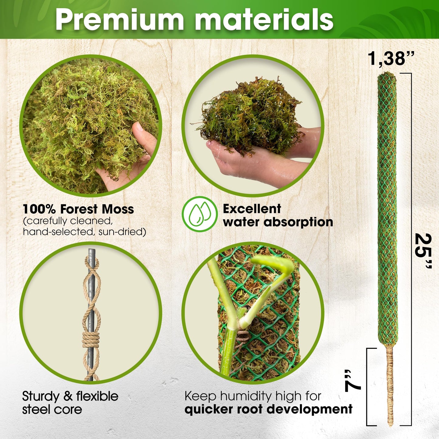 DUSPRO 2 Pack 25’’ Mesh Moss Pole for Climbing Plants, Natural Moss Pole Monstera Plant Support, Real Moss Poles for Plants Indoor, Moss Stick for House Plants, Moss Stakes for Climbing Plants