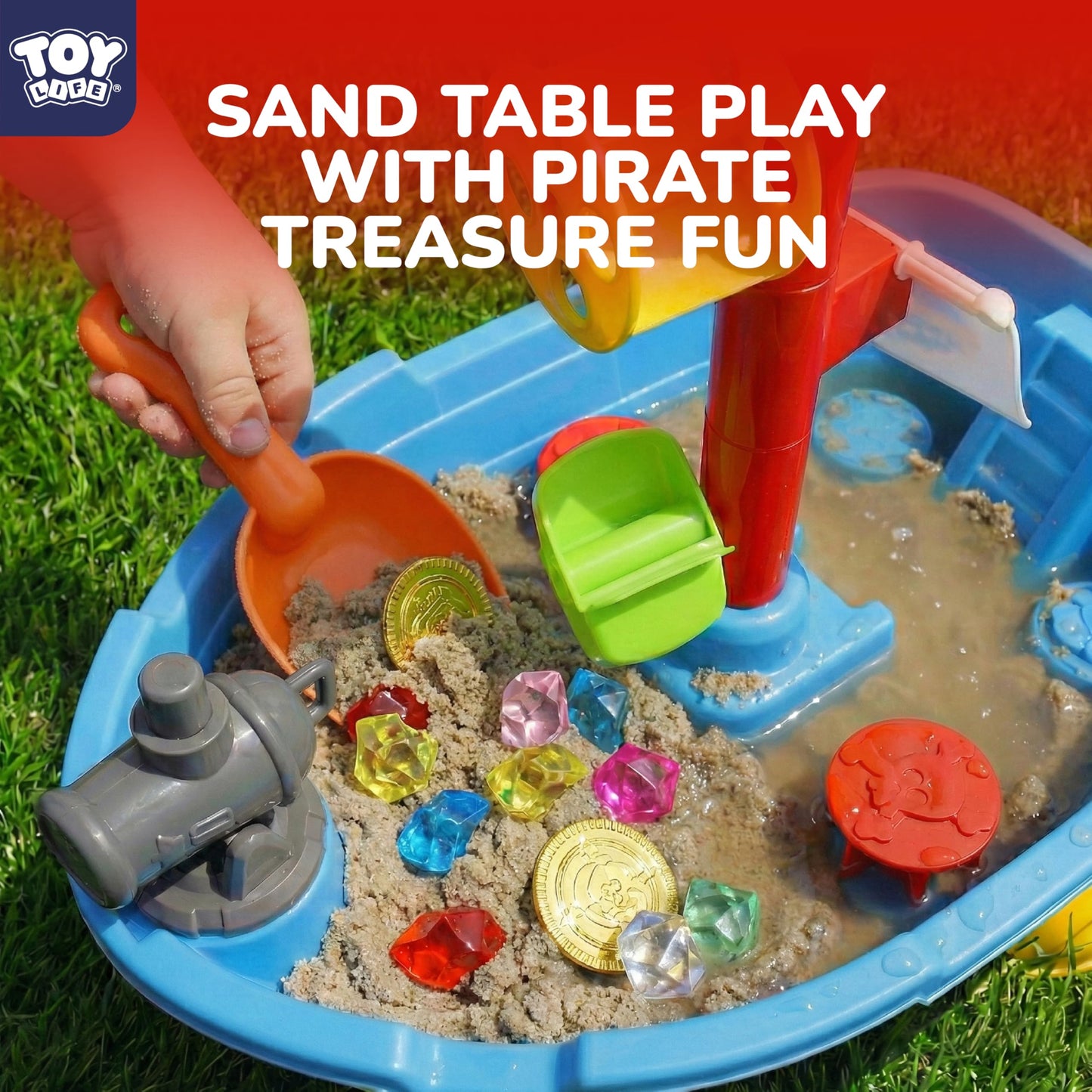TOY Life Pirate Ship Water Table Set with 13 Gold Coins, 10 Gems, 6 Molds, 3 Shovels and Cup, Sand and Water Play Table for Kids, Indoor and Outdoor Use