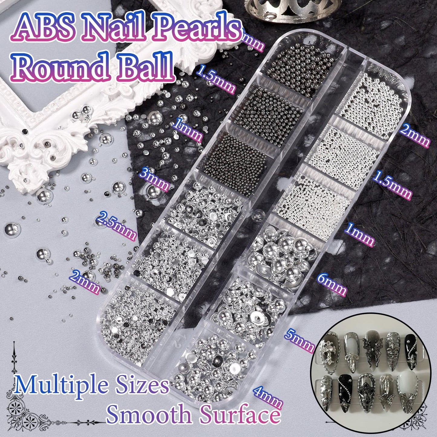2 Boxes Spike Nail Charms 3D Mini Metal Punk Nail Art Studs, Mixed Sizes Black Silver Cone Spikes Nail Rivets Round Steel Ball, Goth Punk Half ABS Pearls for Nails DIY Accessories