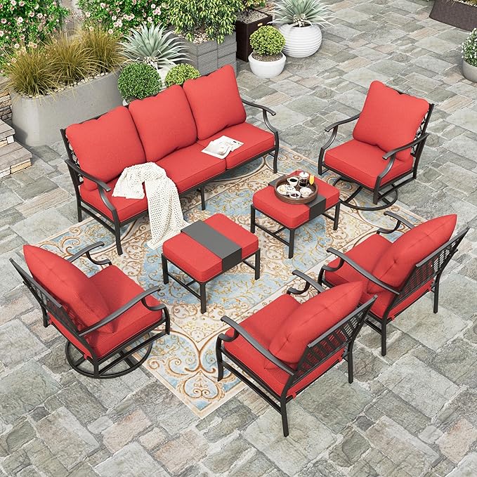 HERA'S HOUSE 7 Piece Patio Furniture Set, 2 x Swivel Chair, 2 x Leg Chair, 2 x Ottoman, 1 x 3-Seat Sofa, All Cushioned 9 Seats Metal Outdoor Conversation Set for Lawn Garden Backyard