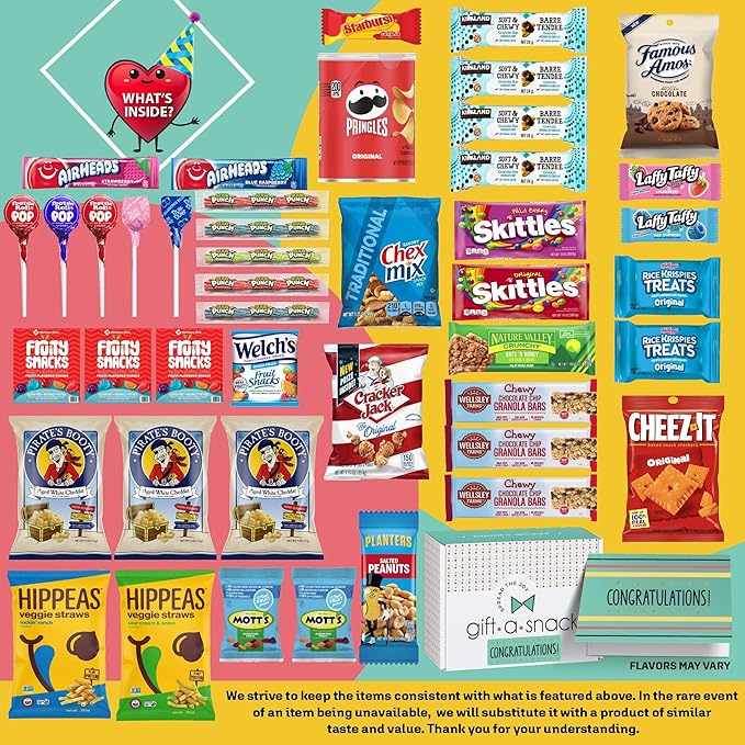 Gift A Snack - Congratulations Snack Box Variety Pack Care Package + Greeting Card (45 Count) Graduation Sweet Treats Gift Basket, Candies Chips Crackers Bars - Food Assortments