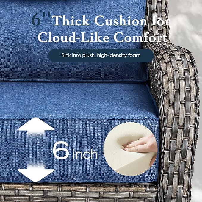 Belord Luxury 6" Thick Cushioned 11 Pieces Patio Furniture Set with Outdoor Couch, Wicker Outdoor Conversation Set with High Back Swivel Rocker Chairs for Deck Porch Yard and Poolside - Grey+Blue