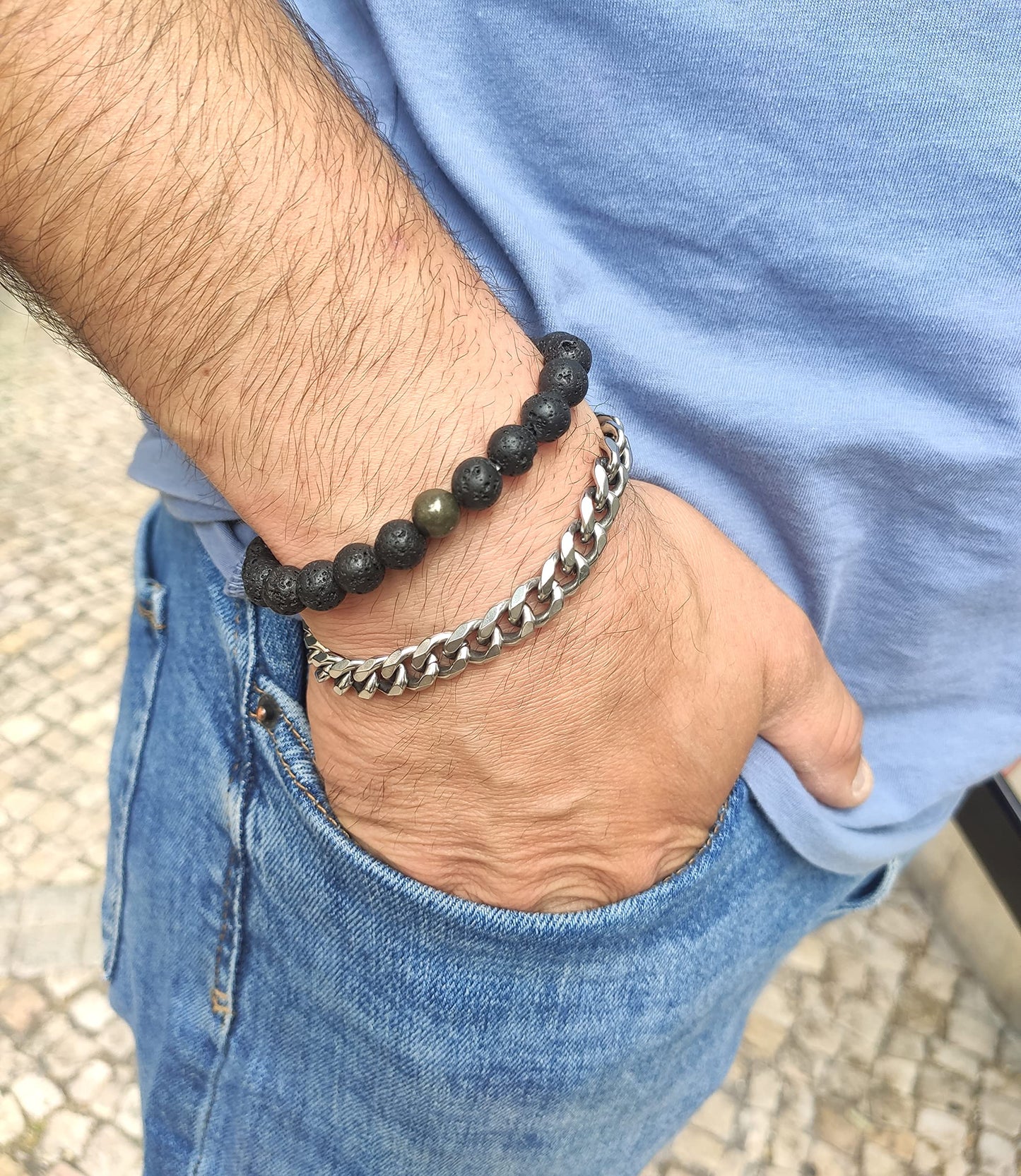 WFJ Black Lava Rock Pyrite Beads Natural Stone Bracelets Set of 2 Healing Crystal Energy Activation Chakra Reiki Elastic Stretcht Diffuser Yoga 8mm