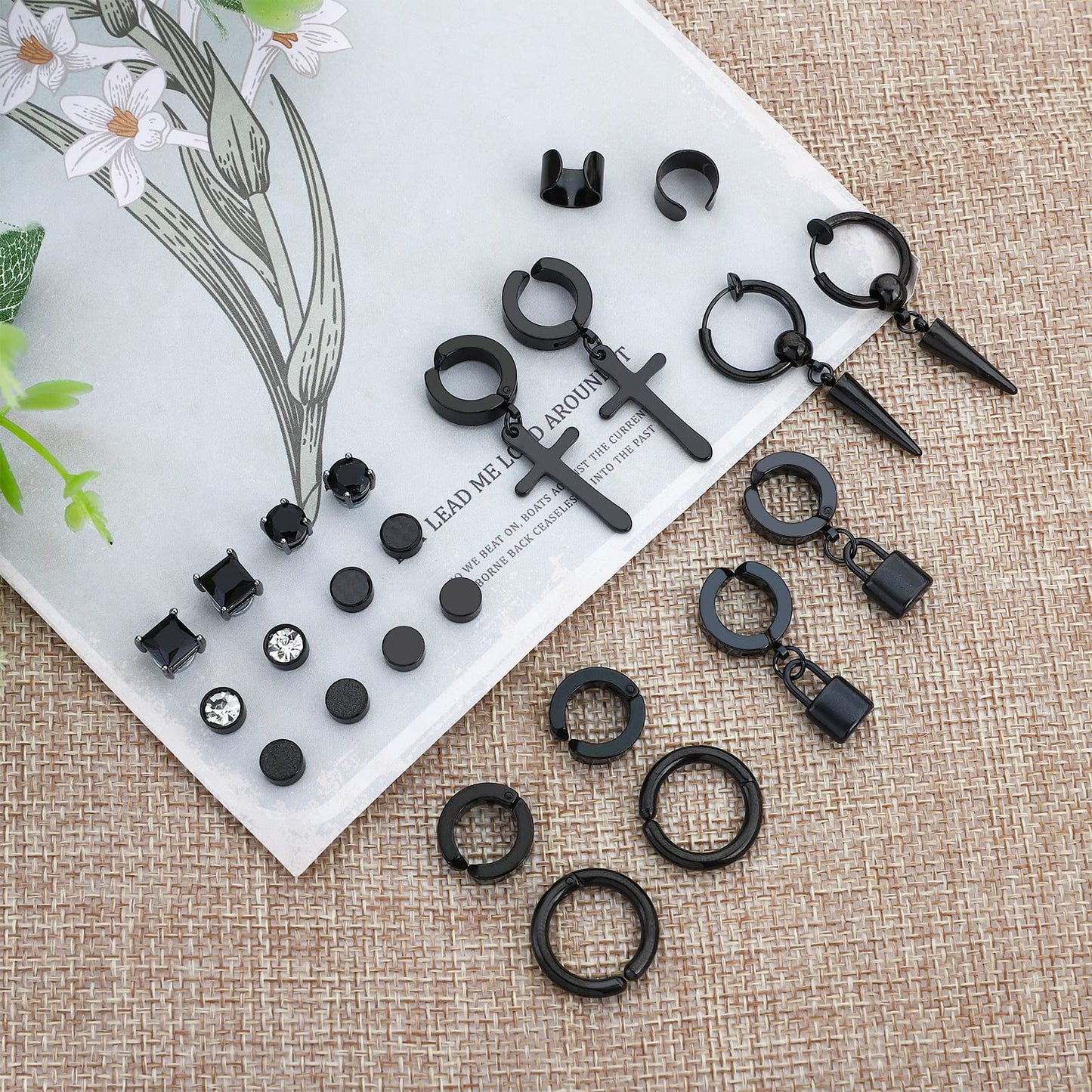 NEWITIN 15 Pairs Stud Earrings for Men Clip on Earrings Stainless Steel Non Piercing Earring Unisex Dangle Cross CZ Hoop Stud Earring Set for Men Women