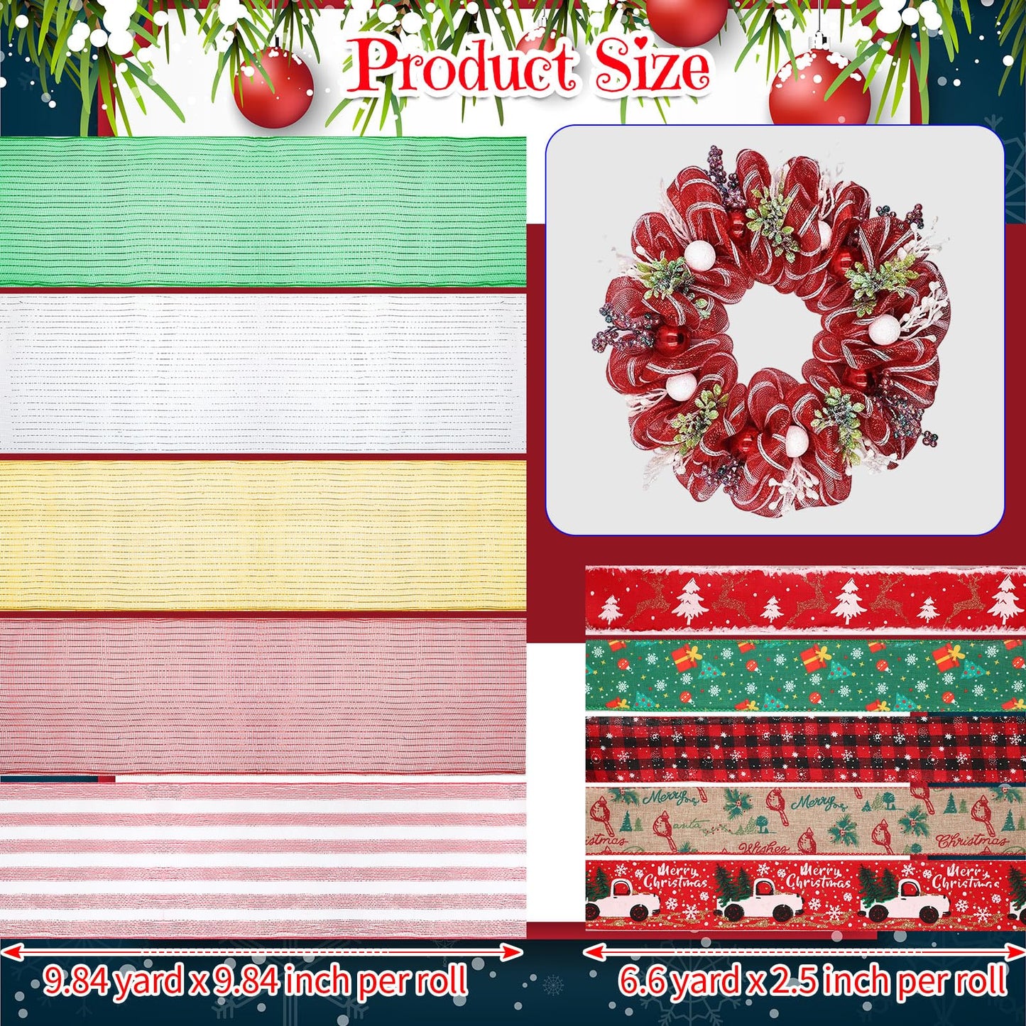 Woanger 10 Rolls Christmas Ribbon Include 5 Roll Wreath Mesh Ribbon Decor 5 Roll Christmas Wired Ribbon Stripe Rolls Metallic Poly Red Green White Decoration Ribbon for DIY Wrapping Craft Wreath Party