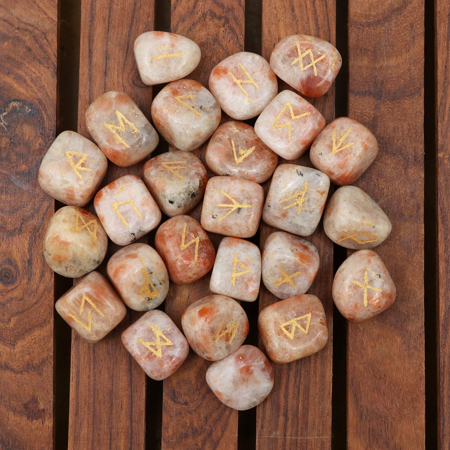 "Crocon Sunstone Rune Stones Set Engraved with Elder futhark Crystal Runes Set, Reiki Healing runas for Meditation Chakra Balancing, Rune Stone for Beginners with Crystal Guide & Pouch |15-20 mm"