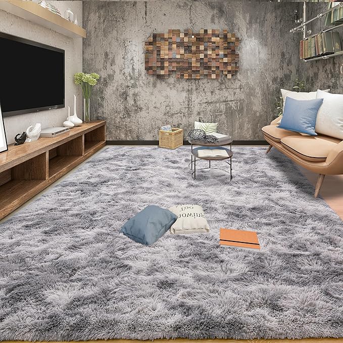 Tepook Soft Fluffy Rugs for Bedroom, 4x6 Area Rug for Living Room, Modern Shaggy Room Rug for Kids Boys Girls, Plush Throw Rugs Indoor Nursery Home Decor Rug with Non-Slip Bottom, Tie-dye Light Grey