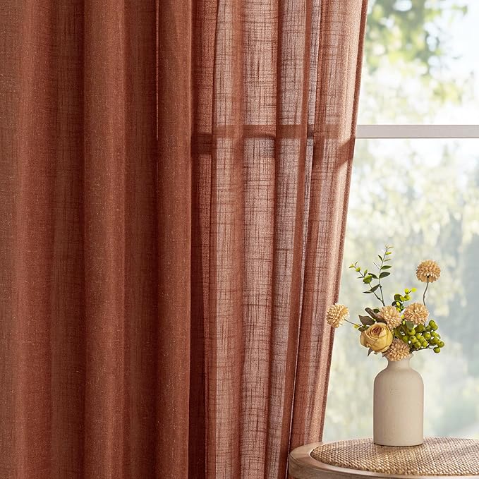 MYSKY HOME Living Room Curtains for Windows 108 Inch Long Light Filtering Sliding Door Semi Sheer Curtain Extra Long Floor Length Drapes Farmhouse Boho Privacy Back Tab, 50" Wide, Terracotta, Set of 2