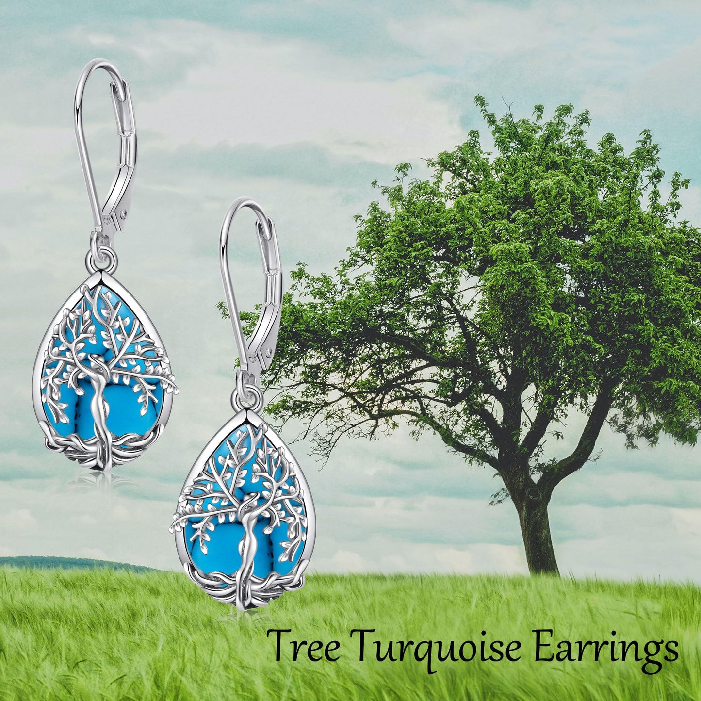 ONEFINITY Turquoise Tree of Life Earrings Sterling Silver Turquoise Tree of Life Dangle Drop Earrings Teardrop Turquoise Jewelry for Women