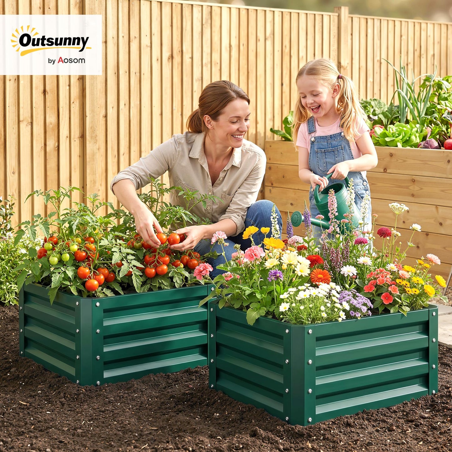 Outsunny 2 Piece Galvanized Raised Garden Bed, 2' x 2' x 1' Metal Planter Box for Growing Vegetables, Flowers, Herbs, Succulents, Green