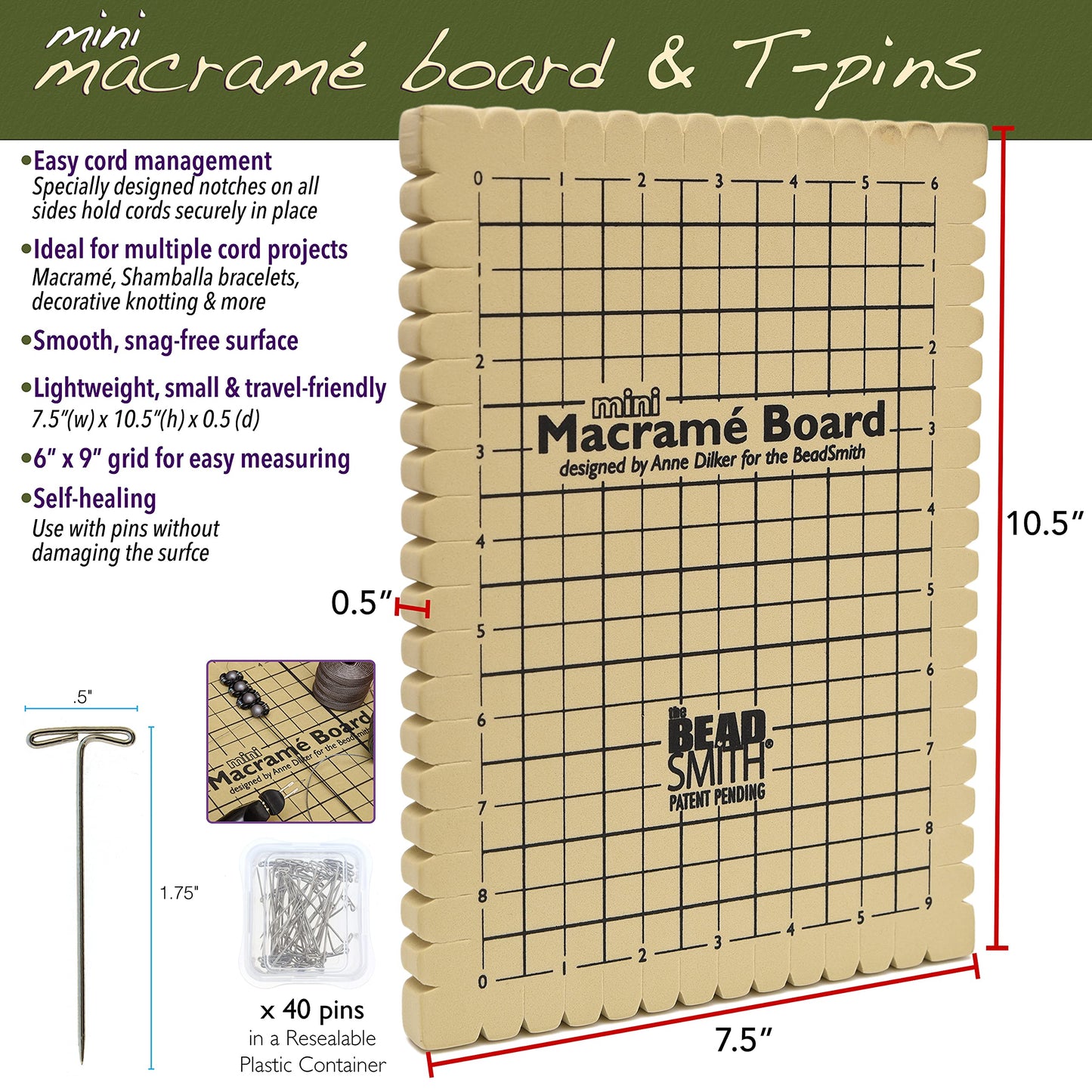 The Beadsmith Mini Macrame Combo - Bead Board 7.5 x 10.5 inches - Box of 40 T-pins 1.75 inches - Bracelet Project & Instructions Included - Ideal for securing & creating Macrame and Knotting Creations