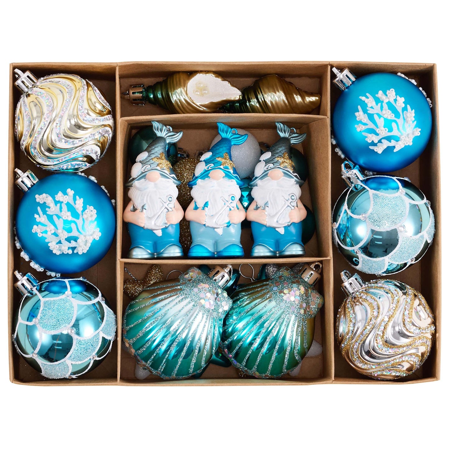 Valery Madelyn Summer Tree Ornaments, 30ct Teal Aqua Blue Shatterproof Beach Coastal Decor, Ocean Themed Christmas in July Tree Decorations, Hanging Gnome Seashell Conch Shell Coral for Tropical Party