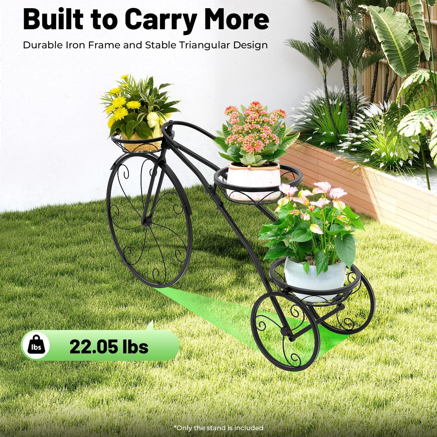 DKSLALALI Bicycle Plant Stand, 3 Tier Iron Tricycle Flower Pot Holder with 3 Baskets, Rustproof Black Metal Plant Shelf for Indoor Outdoor Garden Patio, Decorative Plant Cart for Home Lawn