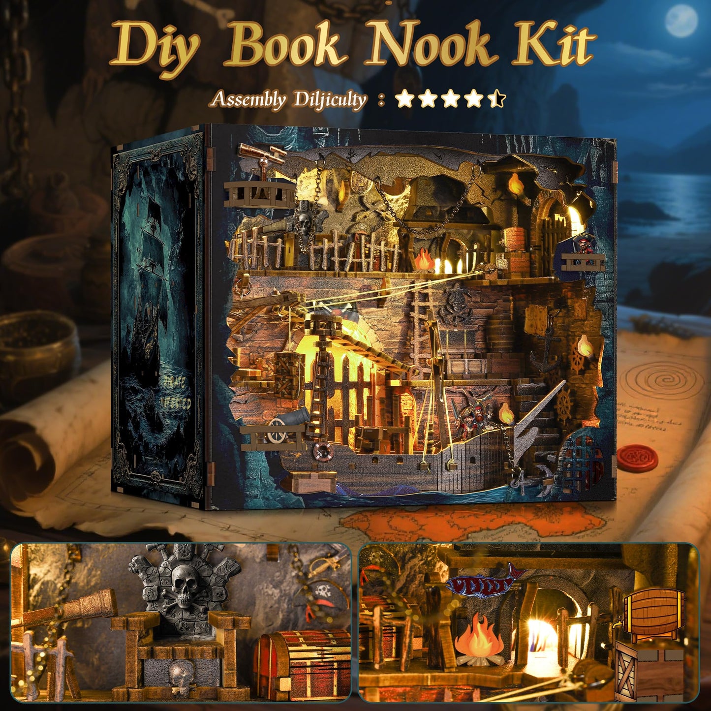 Pirate Book Nook Kit - DIY 3D Wooden Puzzle Miniature House with LED Lights - 400 Pieces - Creative Crafts for Adults - Bookshelf Insert Decor - Educational Gift for Family & Friends