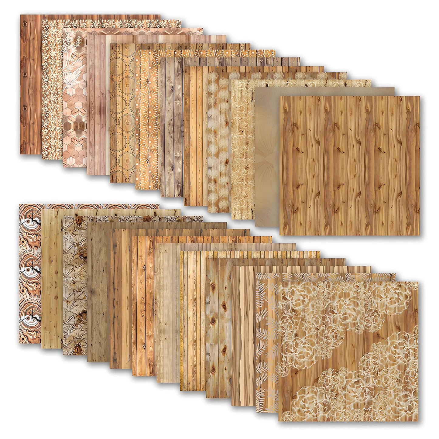 Cotrida 24 Sheets Natural Wood Grain Patterns Scrapbook Paper, with Simple white Flower Leaf prints Decorative Craft Folded Flat for Birthday Wedding Card Making Photo Album Decor, 12'' x 12''