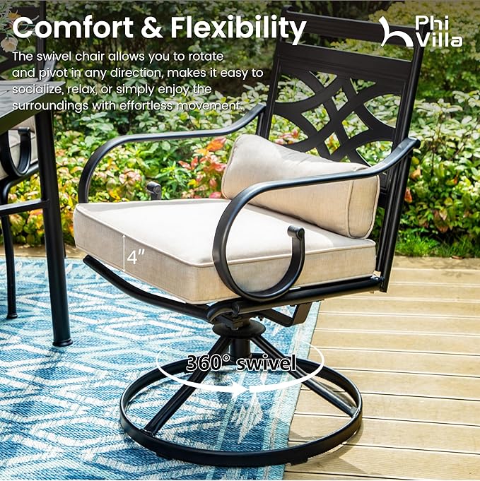 PHI VILLA 7 Pieces Outdoor Dining Set for 6, 54" Round Black Metal Table & Wrought Iron Swivel Chairs, Rustproof Large Outside Furniture with Cushions & Pillows for Patio, Deck, Porch