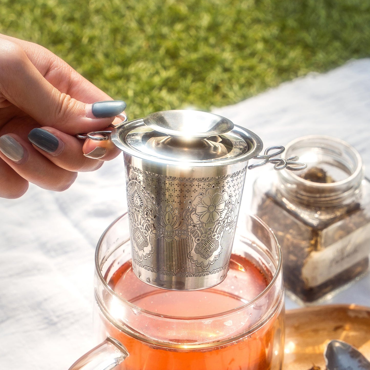 Premium Stainless Steel Tea Infuser Basket Gift Set - Gold Plated Loose Leaf Tea Steeper with Floral Engraved Lid, Stand & Fine Mesh Filter | Best Tea Strainer for Tea Lover