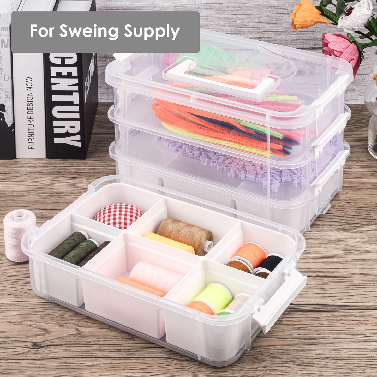 CraftGenes Craft Organizers and Storage, 10QT 4-Layer Durable Sewing Organizer for Sewing Supplies with 2 Removable Trays, DIY Kit Container for Seasonal Decor, Tool, Scrapbook and Art Supplies