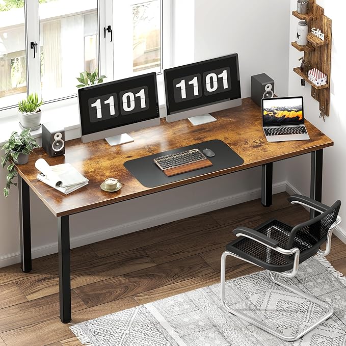 Need 63 Inch Large Computer Desk - Modern Simple Style Home Office Gaming Desk, Basic Writing Table for Study Student, Black Metal Frame, Rustic Brown