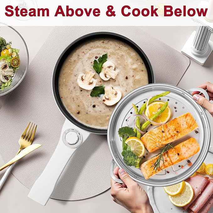 Dezin Hot Pot Electric with Steamer Upgraded, Non-Stick Sauté Pan, Rapid Noodles Electric Pot, 1.5L Mini Pot for Steak, Egg, Fried Rice, Ramen, Oatmeal, Soup with Power Adjustment