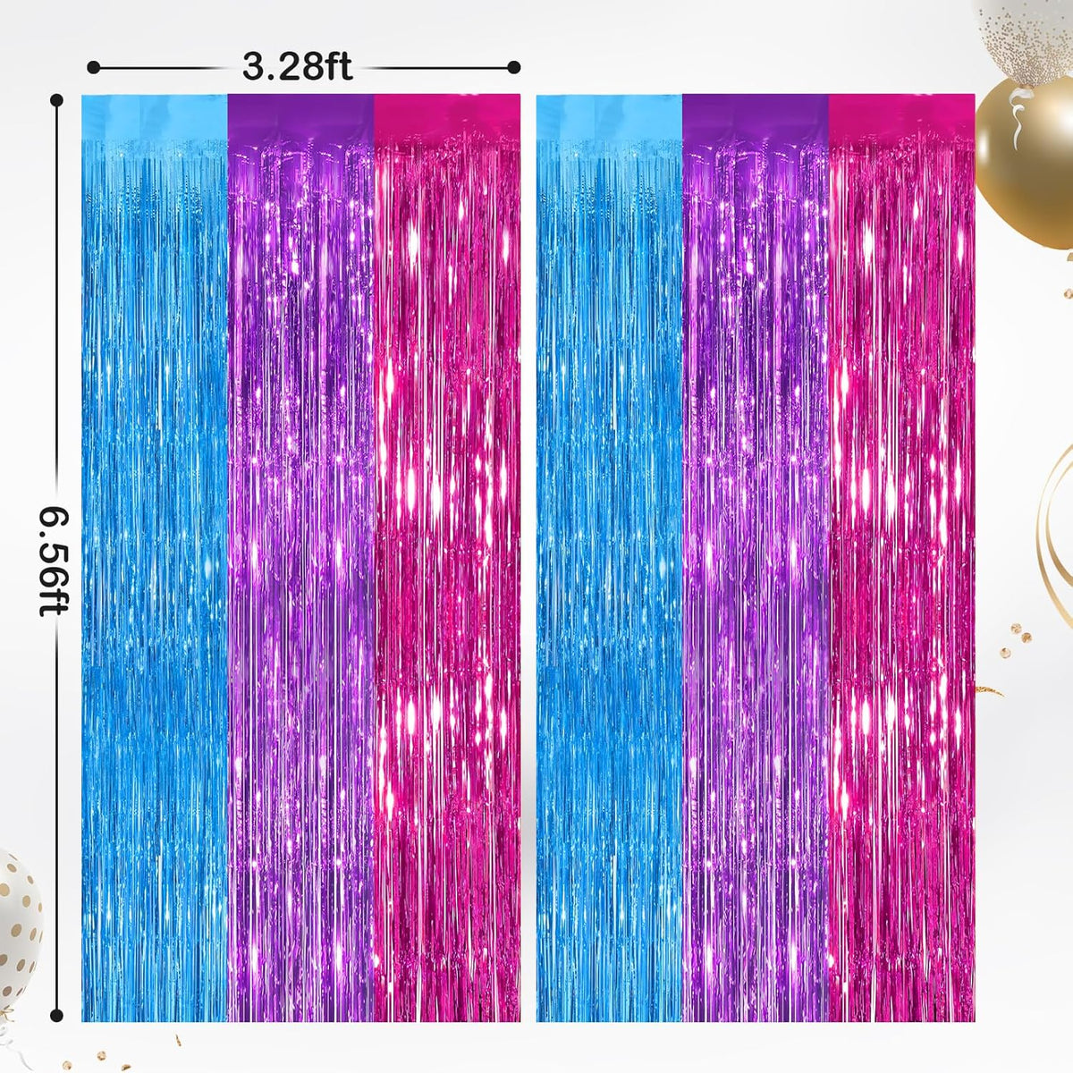 2 Pack Blue Purple Pink Metallic Tinsel Foil Fringe Curtains, Door Streamers Photo Booth Backdrop for Birthday Party, Tinsel Curtain Backdrop for Baby Shower Bachelorette Christmas Party Decorations
