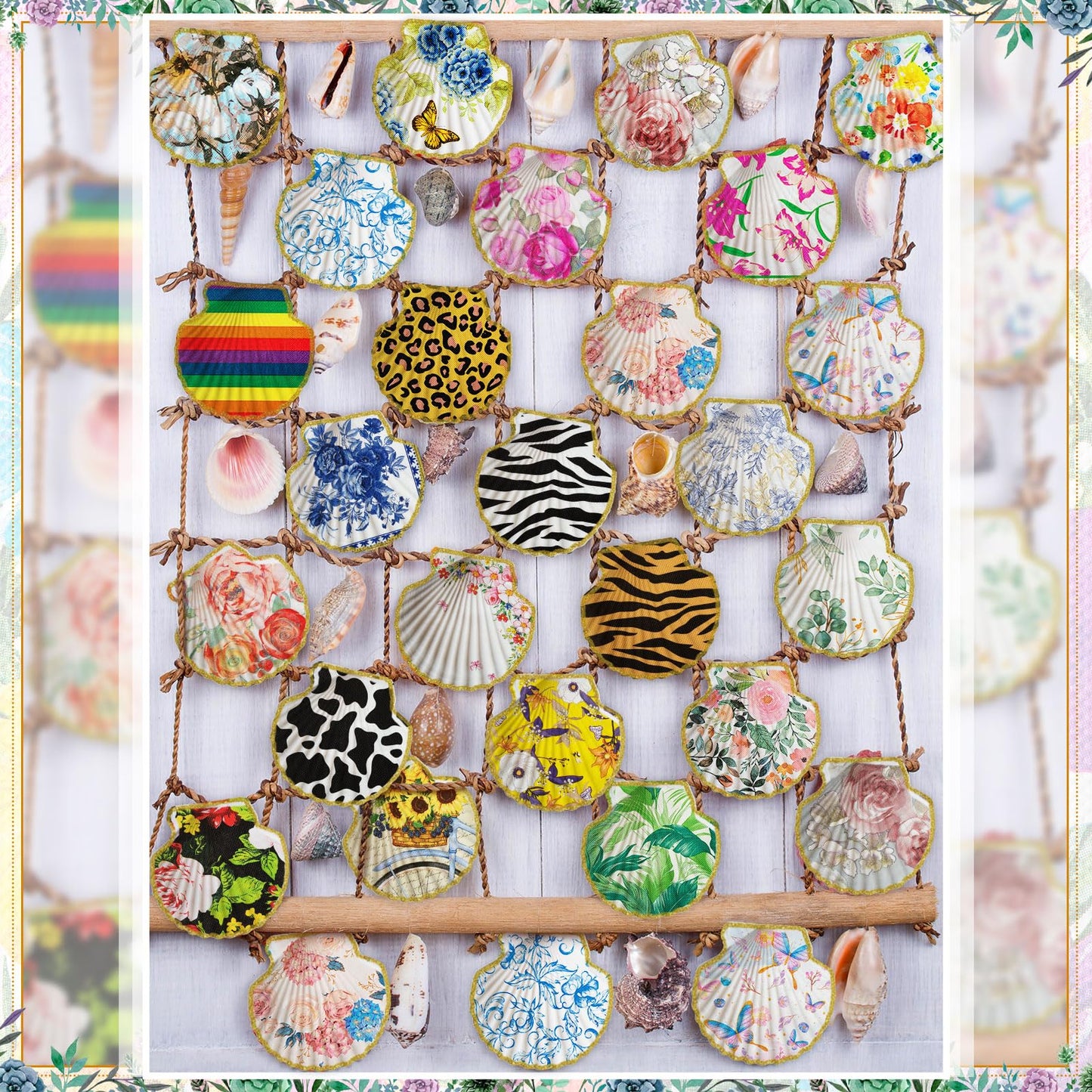 Crtiin 48 Pcs Decoupage Kits, 18 Pcs 4'' White Scallop Shells, 24 x Assorted Decoupage Paper Napkins with Glue Paint Strips Pigments and Paint Brushes for Home Decor Ornaments DIY Arts Crafts (Fun)