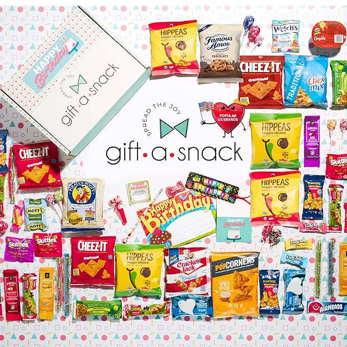 Gift A Snack - Happy Birthday Snack Box Variety Pack Care Package + Greeting Card (45 Count) Bday Sweet Treats Gift Basket, Candies Chips Crackers Bars - Food Assortments Assortments & Variety Gifts
