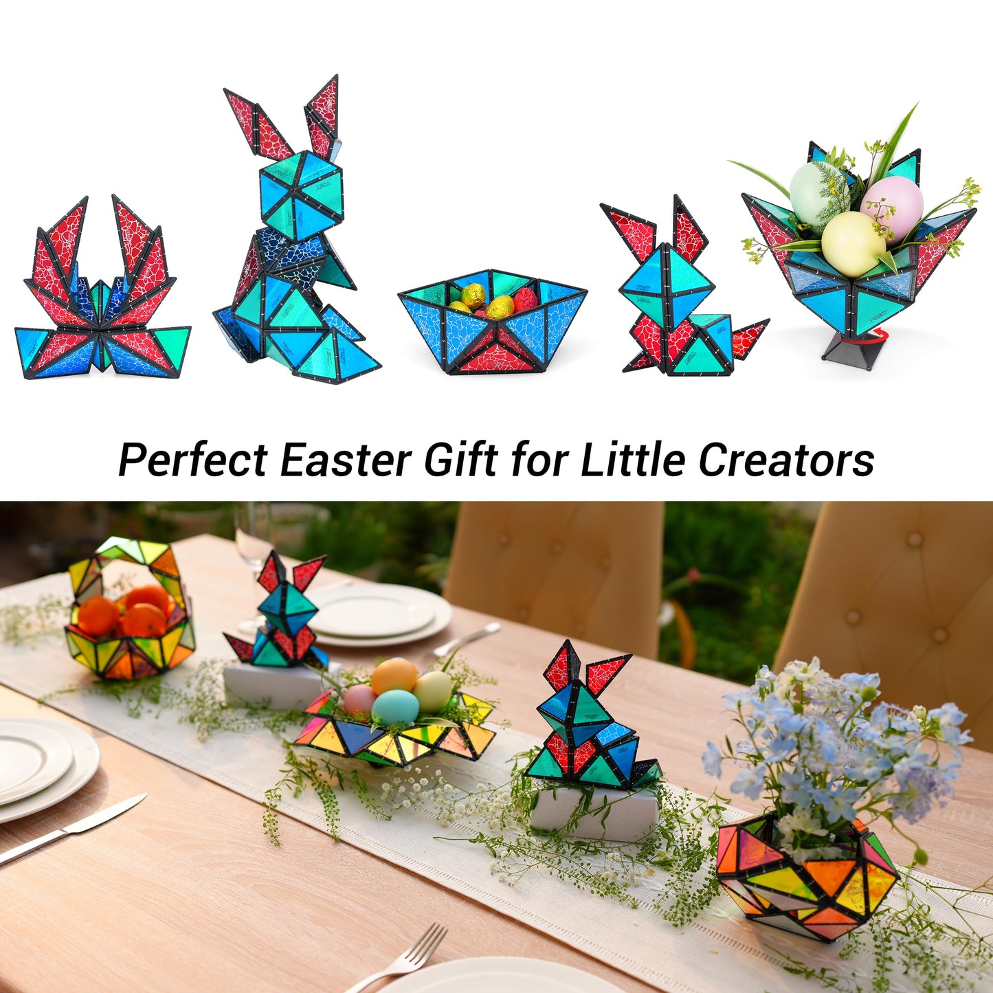 TOSY Magnet Pyramid Stone - 1 Cube Transforms into 1 Billion Shapes (Bunny, Egg Basket, Flowers, Heart), Easter Birthday Gift, 12 pcs, 243 Magnets, Holographic Design, Puzzle/STEM Toy