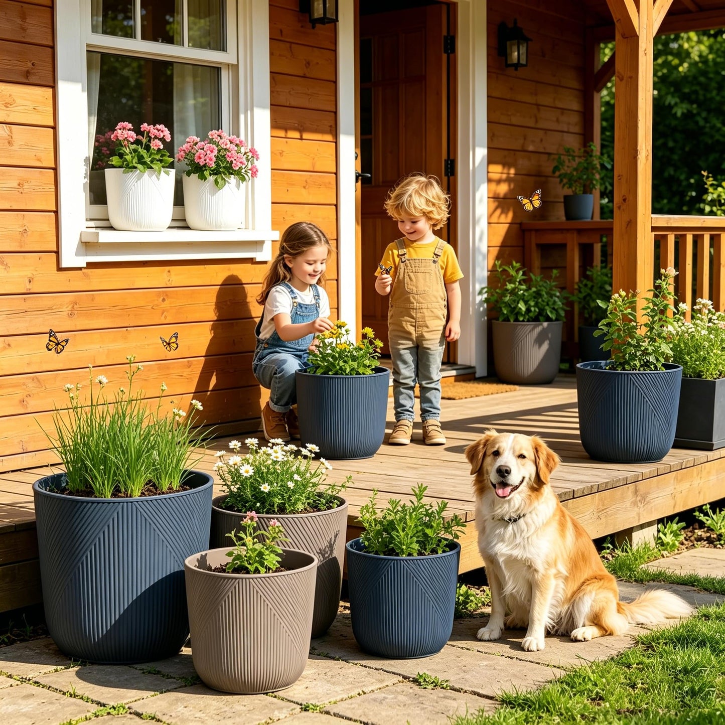 Dexceder 9x8 Striped Table Flower Plant Pot with Drainage Hole & Removable Plug (2 Pack, Deep Blue)