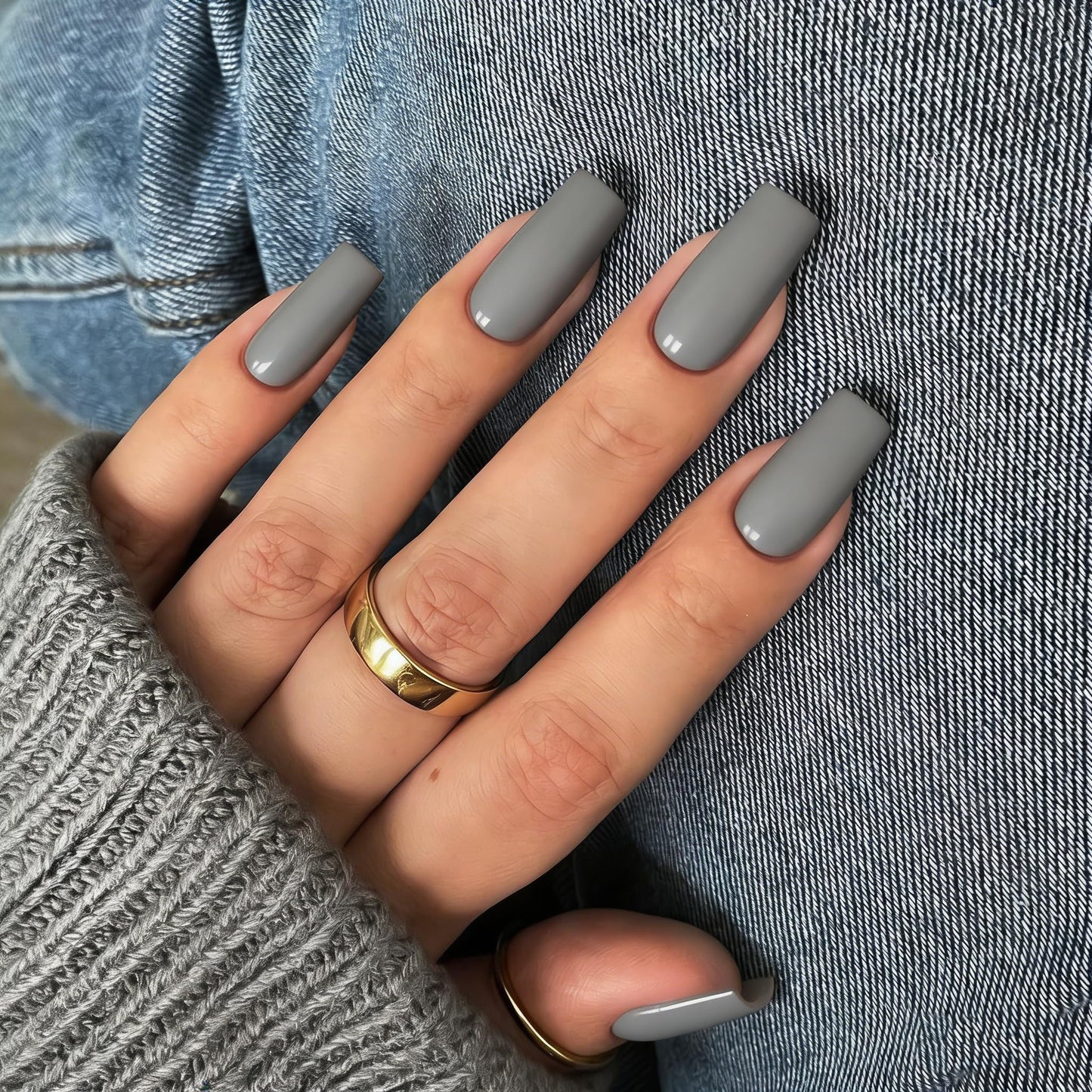 KQueenest Gray Press on Nails Long Medium Square, Stone Grey Fake Nails Medium Coffin, Glossy Sheer Color Acrylic Nails Press ons, Reusable Soft Gel Glue on Nails for Women Fall Winter