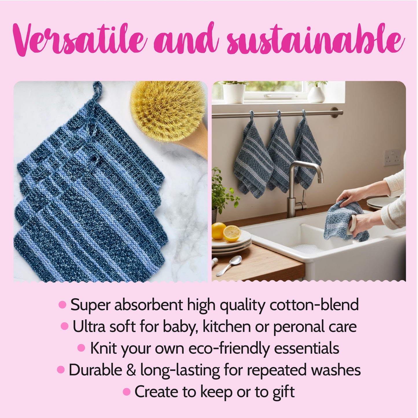 KnitPal Everyday Joy Knitting Kit – Make 4 Reusable Dishcloths for Confident Beginners – Cotton to The Core Yarn (#3 DK), Needles, Patterns & Video Tutorials (Jean Blue + Sky Blue)